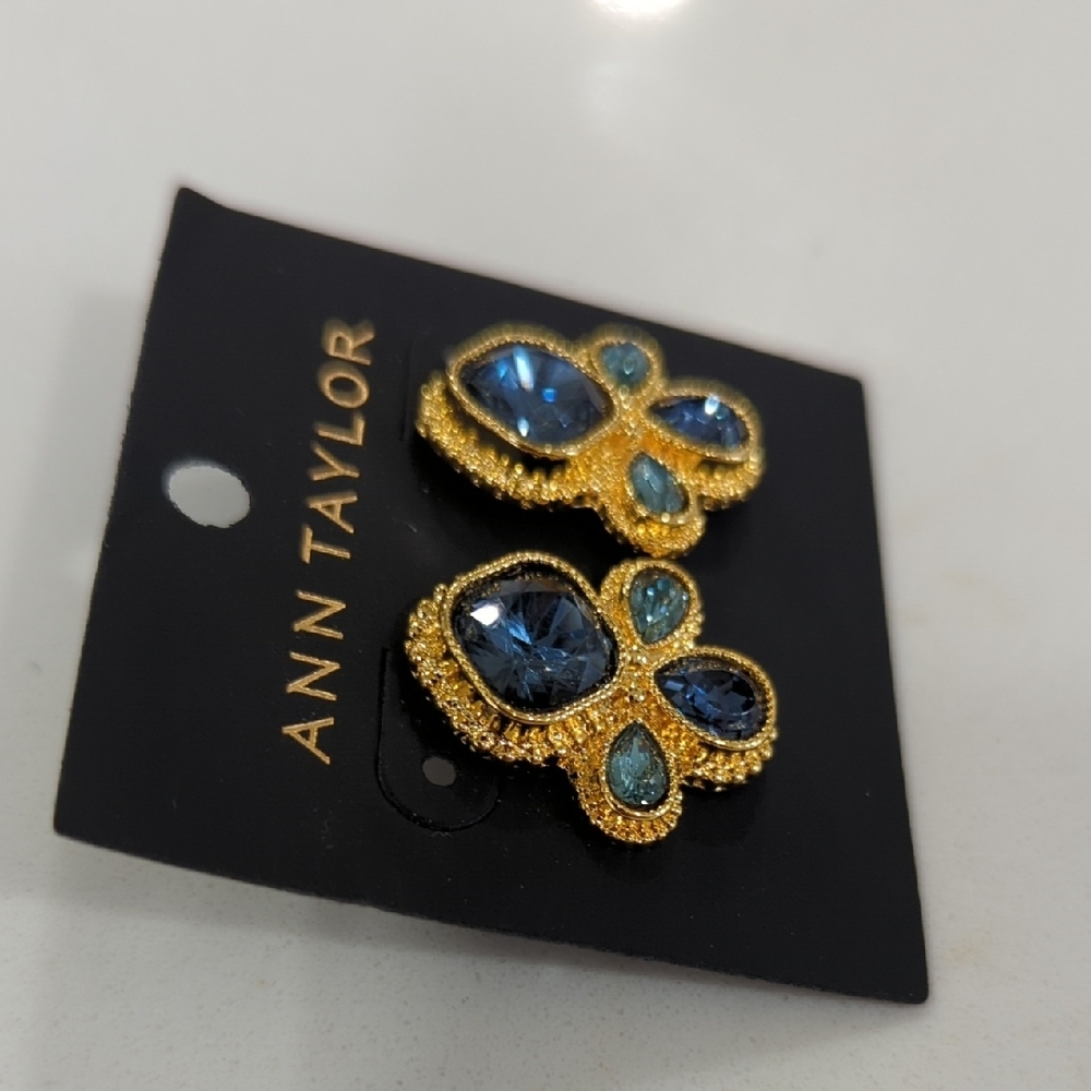 Ann Taylor Gold-tone Earrings with Blue and Teal Crystals - Picture 4 of 5